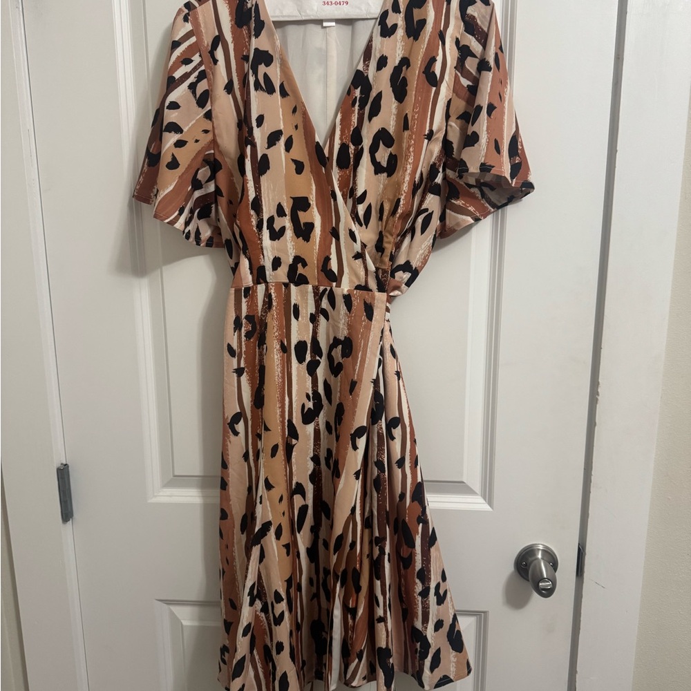 Cream, tan & Black animal print Wrap Dress with Flutter Sleeves and V-Neck